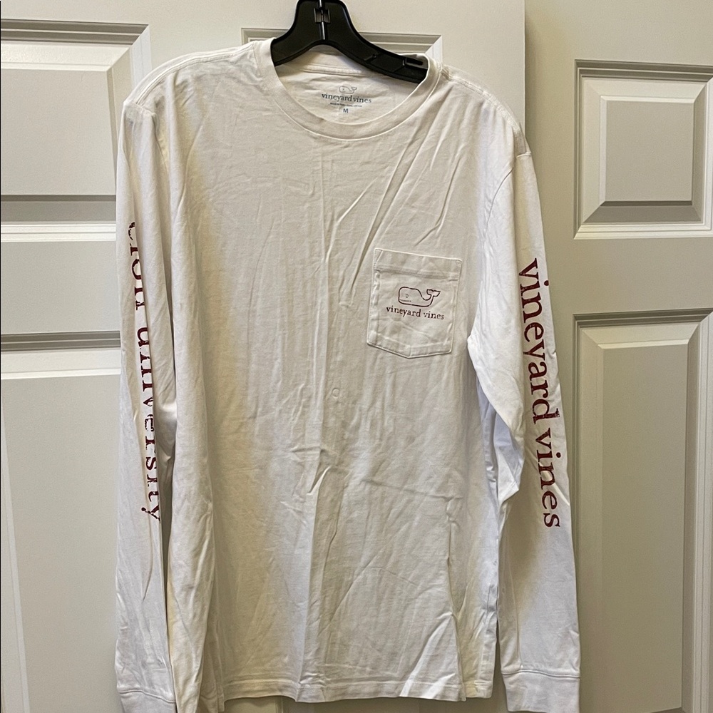 Vineyard Vines Elon University Long Sleeve Pocket Tee with Maroon Sleeve Text
